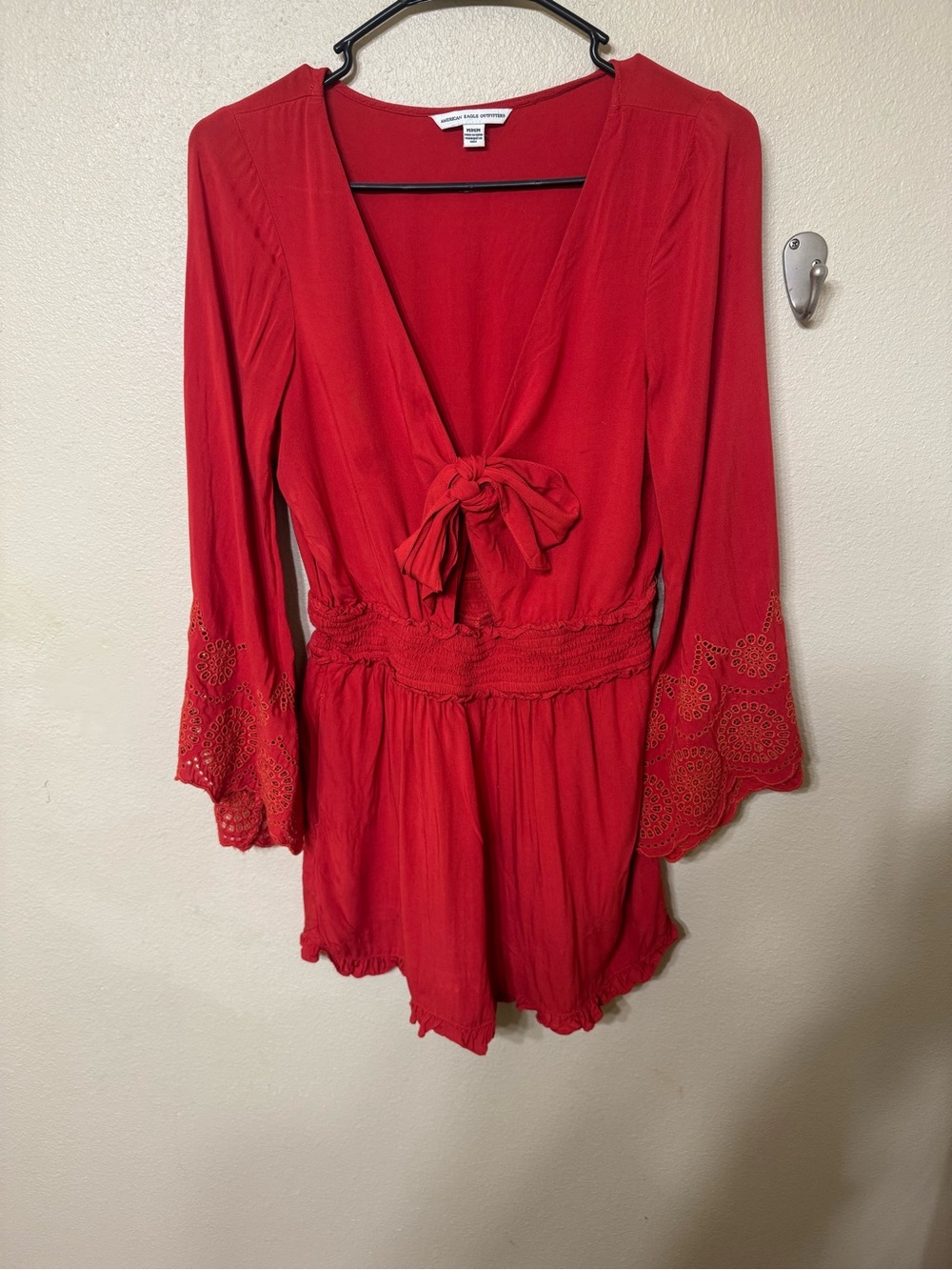 American Eagle Red Tie Front Bell Sleeve Romper Size Medium Boho Festival